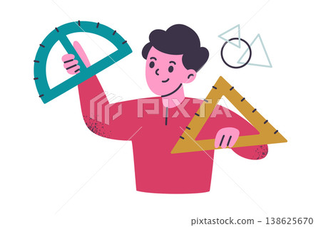 Little boy character holding triangle ruler and protractor, flat cartoon kid studying geometry. Preschool and school education, cute children learning vector illustration with grainy texture Little boy character holding triangle ruler and protractor, flat cartoon kid studying geometry. Preschool and school education, cute children learning vector illustration with grainy texture 138625670