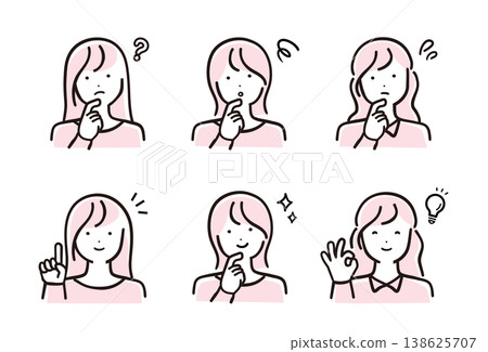 一套包含6幅女性人物插圖,色彩柔和簡潔,展現了不同的面部表情和姿勢(問答) 一套包含6幅女性人物插圖,色彩柔和簡潔,展現了不同的面部表情和姿勢(問答) 138625707