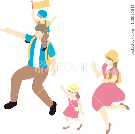 等距向量插圖，描繪了一個家庭享受家庭旅行、觀光和郊遊的場景。 138625811