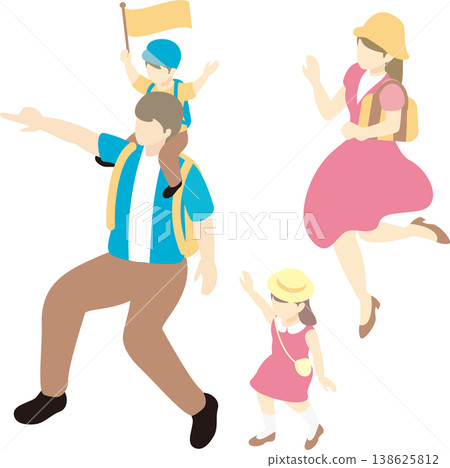 等距向量插圖，描繪了一個家庭享受家庭旅行、觀光和郊遊的場景。 138625812