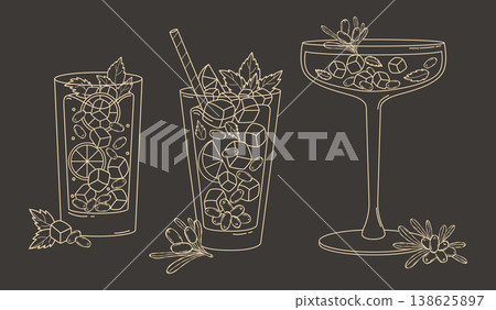 Sea Buckthorn Cocktail Glass Line Art. Drink with Berries, Ice, Mint and Lemon. Isolated Outline Hand Drawn Coloring Page. Chalkboard Beverage Menu Element on Black Background. Vector Illustration. 138625897