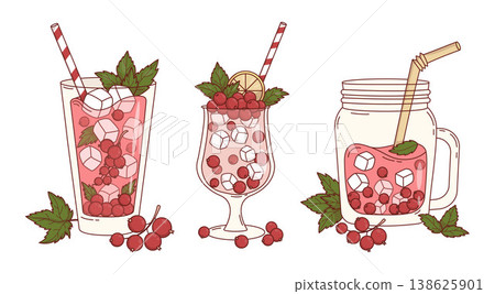 Red Currant Summer Drinks with Ice and Mint Leaves Set. Isolated Refreshing Cocktail with Berry, Ice Cubes and Mint Leaves. Vector Illustration 138625901