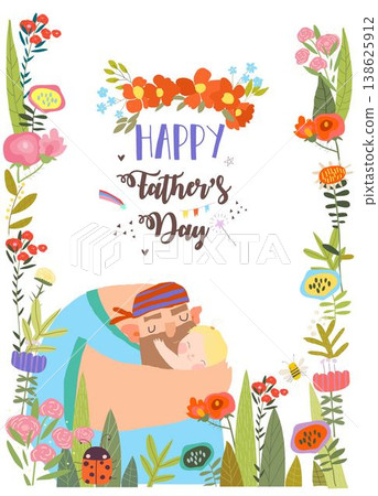 Cute Floral Frame Composed with Cartoon Father hugging Baby Cute Floral Frame Composed with Cartoon Father hugging Baby 138625912