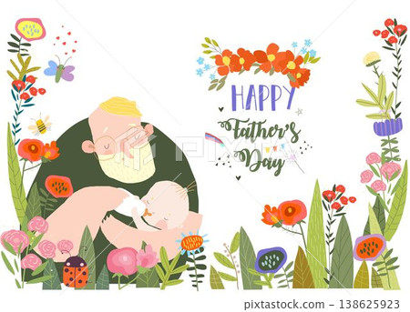 Cute Floral Frame Composed with Cartoon Father feeding Baby from Bottle 138625923