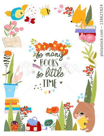 Cute Floral Frame Composed of Animals Reading Books Cute Floral Frame Composed of Animals Reading Books 138625924
