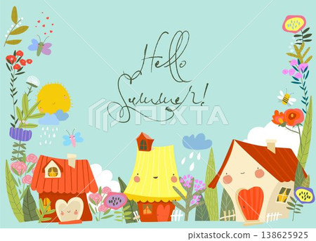 Cute Cartoon Frame with Little Houses and Summer Flowers Cute Cartoon Frame with Little Houses and Summer Flowers 138625925