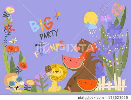 Cute Funny Animals having Picnic in Flower Cute Funny Animals having Picnic in Flower 138625926
