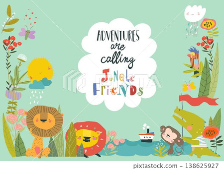 Cute Cartoon Lions With Crocodile and Monkey in Flowers Frame 138625927