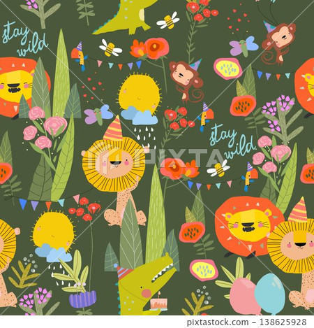 Seamless Pattern with a Cute Funny Animals celebrating Birthday Seamless Pattern with a Cute Funny Animals celebrating Birthday 138625928