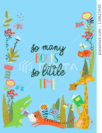 Cute Floral Frame Composed of Animals Reading Books 138625930