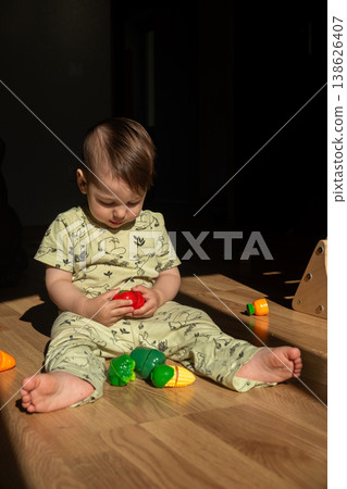 Toddler playing with toy vegetables on sunlit wooden floor Toddler playing with toy vegetables on sunlit wooden floor 138626407