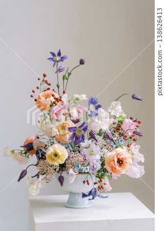Beautiful Pastel Blossoms Creating Romantic Wedding Decoration Arrangement Beautiful Pastel Blossoms Creating Romantic Wedding Decoration Arrangement 138626413