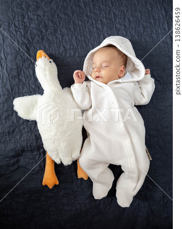 Newborn baby in white hooded onesie with plush goose toy Newborn baby in white hooded onesie with plush goose toy 138626459