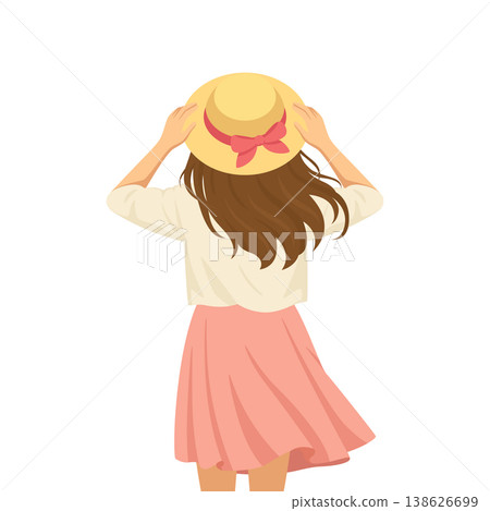 Girl in Summer Hat from Back View, Vector Illustration. Woman Walking with Long Hair and Pink Skirt. Cute Female Character, Spring and Summer Outfit. Fashion Lifestyle Illustration, Isolated Girl in Summer Hat from Back View, Vector Illustration. Woman Walking with Long Hair and Pink Skirt. Cute Female Character, Spring and Summer Outfit. Fashion Lifestyle Illustration, Isolated 138626699