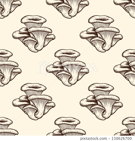Oyster Mushroom Sketch, Seamless Pattern. Vector Hand Drawn Pleurotus Mushroom Cluster in Engraving Style. Black and White Vintage Line Art for Botanical Design, Food Packaging, Print Oyster Mushroom Sketch, Seamless Pattern. Vector Hand Drawn Pleurotus Mushroom Cluster in Engraving Style. Black and White Vintage Line Art for Botanical Design, Food Packaging, Print 138626700