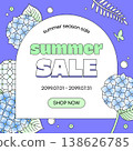 Summer Sale Banner with Blue Hydrangea Flowers and Floral Elements 138626785