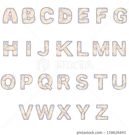 This is a set of alphabet illustrations featuring cute rabbits. The letters from A to Z are drawn in a soft, fuzzy style. 138626843