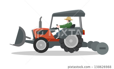 Object or textured of tractor car with driving man. Install a soil shovel along with a three stage plow for preparing agricultural land. with shadow on white backgrond. Object or textured of tractor car with driving man. Install a soil shovel along with a three stage plow for preparing agricultural land. with shadow on white backgrond. 138626988