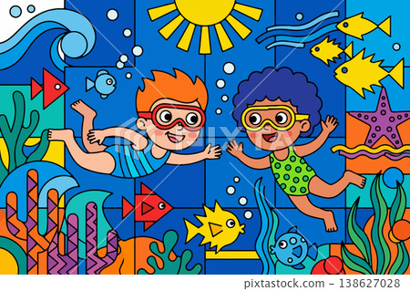 Kids Swimming Underwater with Sea Life 138627028