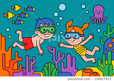 Kids Snorkeling in Cartoon Style 138627031