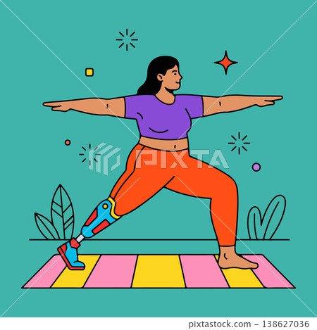 Woman with prosthetic leg in Warrior II pose 138627036