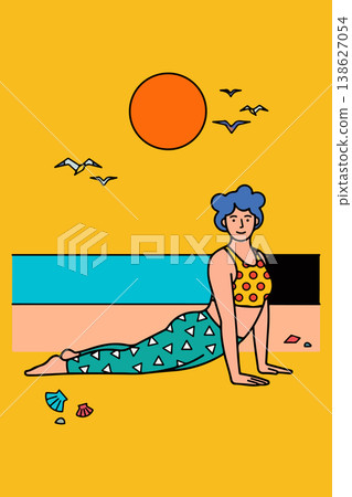 Woman in Cobra Pose on Beach 138627054