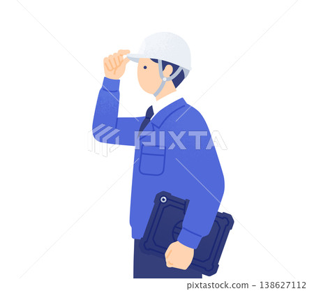 一幅向量插圖,描繪了一名男性建築工地主管的上半身側面像,他手持平板電腦,一隻手放在頭盔邊緣。 一幅向量插圖,描繪了一名男性建築工地主管的上半身側面像,他手持平板電腦,一隻手放在頭盔邊緣。 138627112