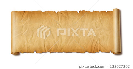 Old crumpled mediaeval Parchment paper scroll isolated on white Old crumpled mediaeval Parchment paper scroll isolated on white 138627202