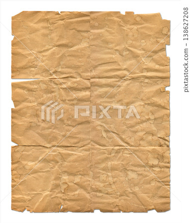 Heavily brown wrinkled paper sheet isolated on white Heavily brown wrinkled paper sheet isolated on white 138627208