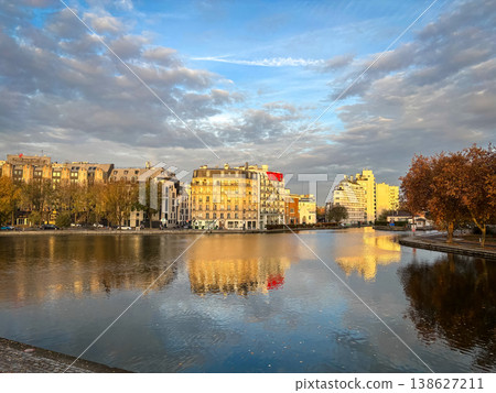 Ourcq canal sunset reflections in Paris 19th district France Ourcq canal sunset reflections in Paris 19th district France 138627211