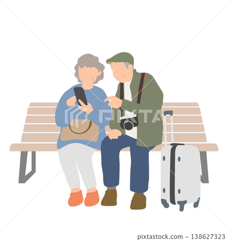Illustration of a senior couple using their smartphones: An elderly person checking their smartphone while resting on a bench. 138627323