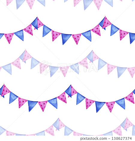 Hand drawn watercolor seamless pattern with blue and pink festive bunting flags. Elegant celebration texture with hanging pennants for baby showers, birthday decor, nursery wallpaper, and textile. Hand drawn watercolor seamless pattern with blue and pink festive bunting flags. Elegant celebration texture with hanging pennants for baby showers, birthday decor, nursery wallpaper, and textile. 138627374