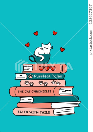 Cute cat sleeping in coffee cup on stack of books flat vector illustration, purrfect tales quote for pet lovers and reading hobby stickers Cute cat sleeping in coffee cup on stack of books flat vector illustration, purrfect tales quote for pet lovers and reading hobby stickers 138627397