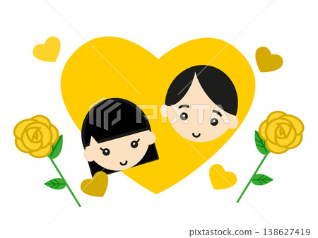 A heart-shaped frame with yellow roses and a smiling father and daughter - Father's Day thank you illustration material 138627419