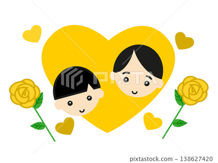 A heart-shaped frame with yellow roses and a smiling father and boy - Father's Day illustration to express gratitude. 138627420
