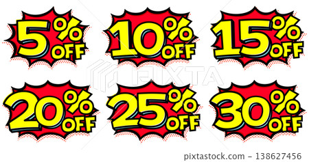 一組促銷文字,標明折扣幅度為5%至30%。採用流行風格的價簽圖標,配上黃色鋸齒狀對話氣泡和黃色文字。 一組促銷文字,標明折扣幅度為5%至30%。採用流行風格的價簽圖標,配上黃色鋸齒狀對話氣泡和黃色文字。 138627456