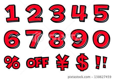 A set of sale numbers and symbols. Red text with thick black outlines: 0-9, %, OFF, ¥, $, !!. Pop-art style advertising material. A set of sale numbers and symbols. Red text with thick black outlines: 0-9, %, OFF, ¥, $, !!. Pop-art style advertising material. 138627459