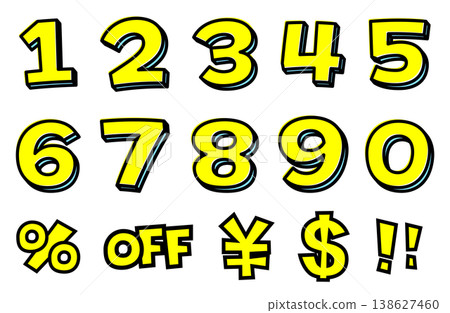 一組促銷數字和符號。黃色文字，黑色粗線勾勒出 0-9、%、OFF、¥、$ 和 !! 的輪廓。普普藝術風格的廣告素材。 138627460
