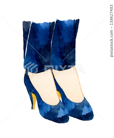 A hand-drawn watercolor illustration of a woman's feet (wearing pants) in high heels and pumps. A hand-drawn watercolor illustration of a woman's feet (wearing pants) in high heels and pumps. 138627483