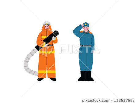 Illustration of male and female firefighters Illustration of male and female firefighters 138627692