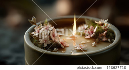 Relaxing meditation setting with blossomadorned candle and shimmering reflective pool Relaxing meditation setting with blossomadorned candle and shimmering reflective pool 138627718
