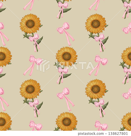 Seamless pattern Sunflower and leaves Hand drawn watercolor illustration. For menus, labels, paper, textiles and seasonal fabric light brown background. 138627801