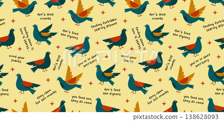 Repeating background with birds and funny phrases for textile design, wallpaper, wrapping paper, home decor and branding Repeating background with birds and funny phrases for textile design, wallpaper, wrapping paper, home decor and branding 138628093