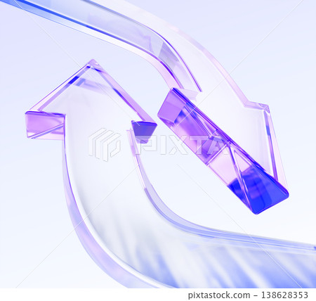 Hologram glass curve up and down arrows in perspective. Purple transparent direction signs, dynamic crystal pointers on light blue 3d background. Update software, business infographic. 3D illustration Hologram glass curve up and down arrows in perspective. Purple transparent direction signs, dynamic crystal pointers on light blue 3d background. Update software, business infographic. 3D illustration 138628353