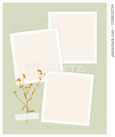 Minimalist scrapbook template with three blank photo frames, dried wildflower branch and washi tape on sage green background for social posts, moodboards and invitations. Minimalist scrapbook template with three blank photo frames, dried wildflower branch and washi tape on sage green background for social posts, moodboards and invitations. 138628354