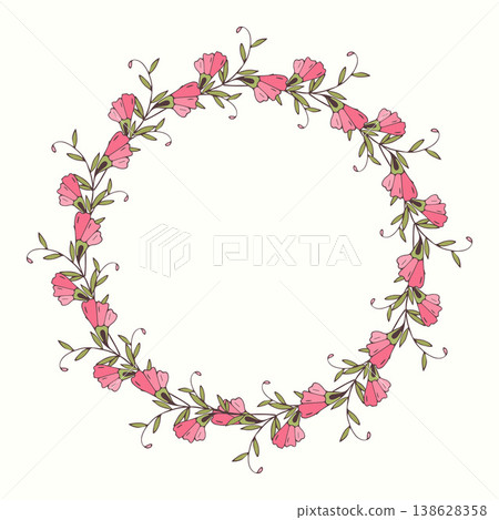 Wreath of Convolvulus flowers pink colors. Hand drawn flowers bindweed. On white background. Wreath of Convolvulus flowers pink colors. Hand drawn flowers bindweed. On white background. 138628358