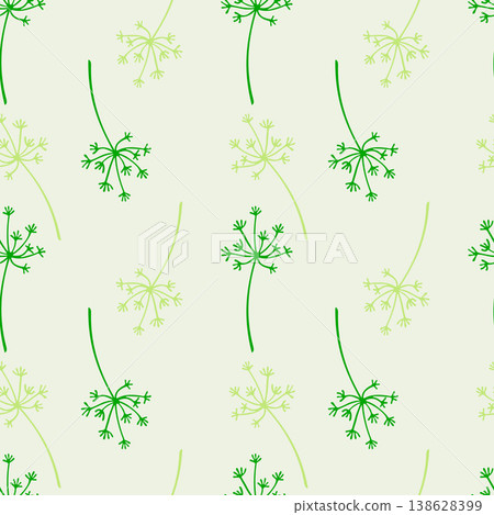 Seamless vector pattern with hand-drawn green dill and fennel umbrellas in minimalist botanical style, ideally suited for kitchen textiles, organic food packaging, and branding materials for healthy Seamless vector pattern with hand-drawn green dill and fennel umbrellas in minimalist botanical style, ideally suited for kitchen textiles, organic food packaging, and branding materials for healthy 138628399