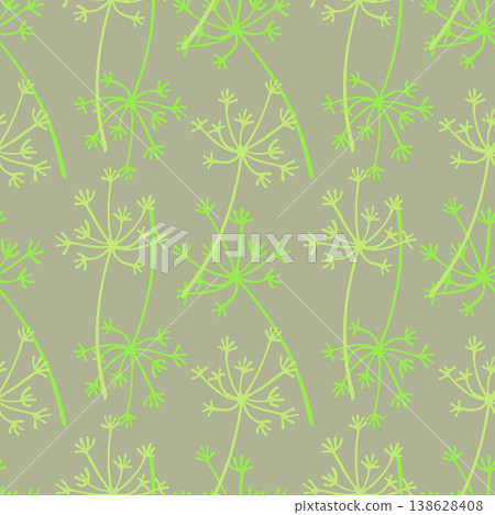 Seamless minimalist dill and fennel herb pattern in lime green and sage tones, perfect for botanical kitchen textiles, organic food packaging, and eco-conscious branding 138628408