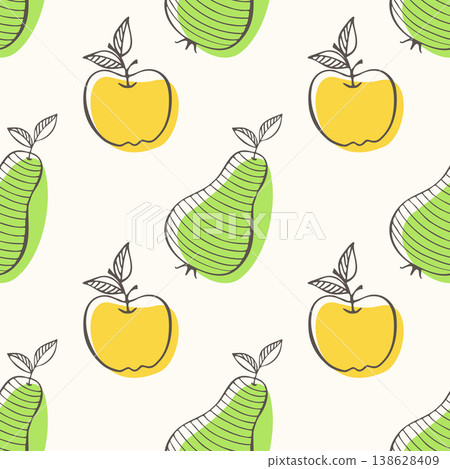 Seamless minimalist apple and pear pattern with line art and offset color fills, ideal for kitchen textiles, eco-friendly packaging, and modern nursery decor. 138628409