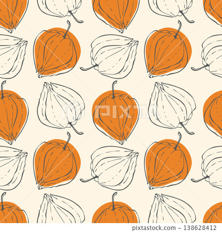 pattern with hand-drawn minimalist physalis husks and orange dots on a cream background. Artistic botanical texture with cape gooseberry for organic food packaging, textile design, and kitchen pattern with hand-drawn minimalist physalis husks and orange dots on a cream background. Artistic botanical texture with cape gooseberry for organic food packaging, textile design, and kitchen 138628412